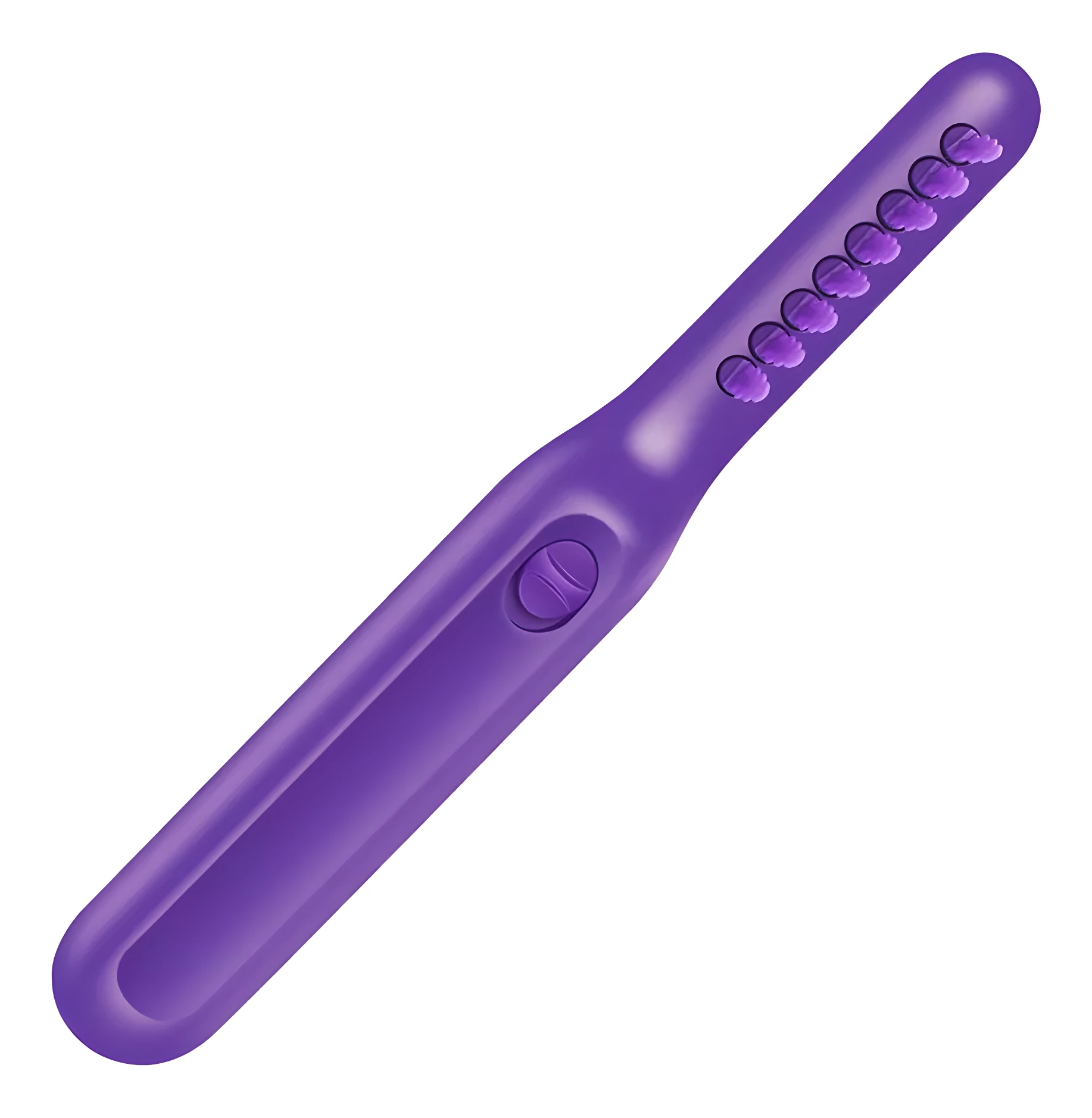 Cepillo desenredante eléctrico de color morado con vibración, diseño ergonómico de mango largo y cerdas flexibles para eliminar nudos sin tirones.