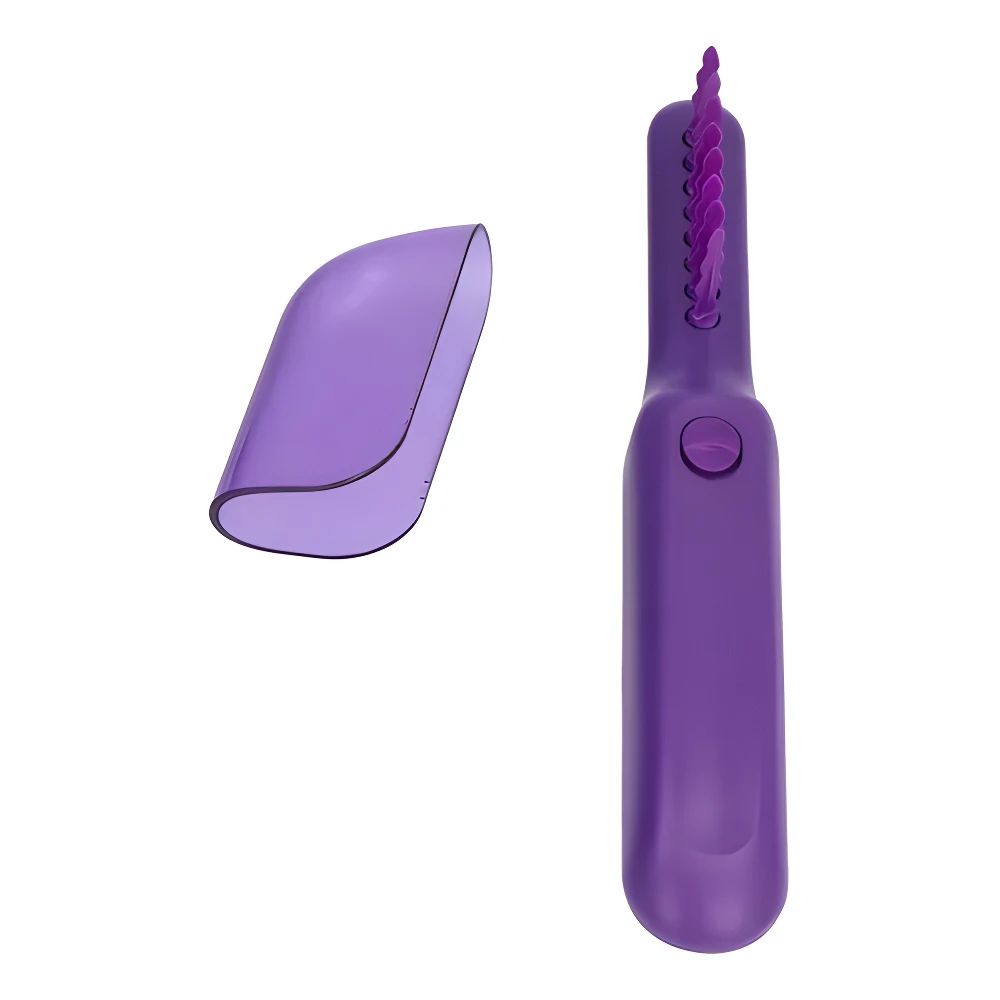 Cepillo desenredante eléctrico color morado, con cabezal de cerdas suaves y tapa protectora transparente, diseñado para peinar sin tirones.