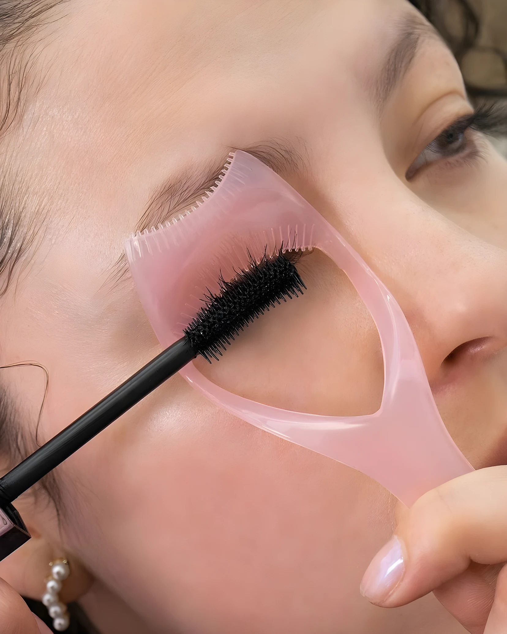 Cepillo rosa para pestañas y cejas con aplicador de máscara, usado por persona con piel clara.