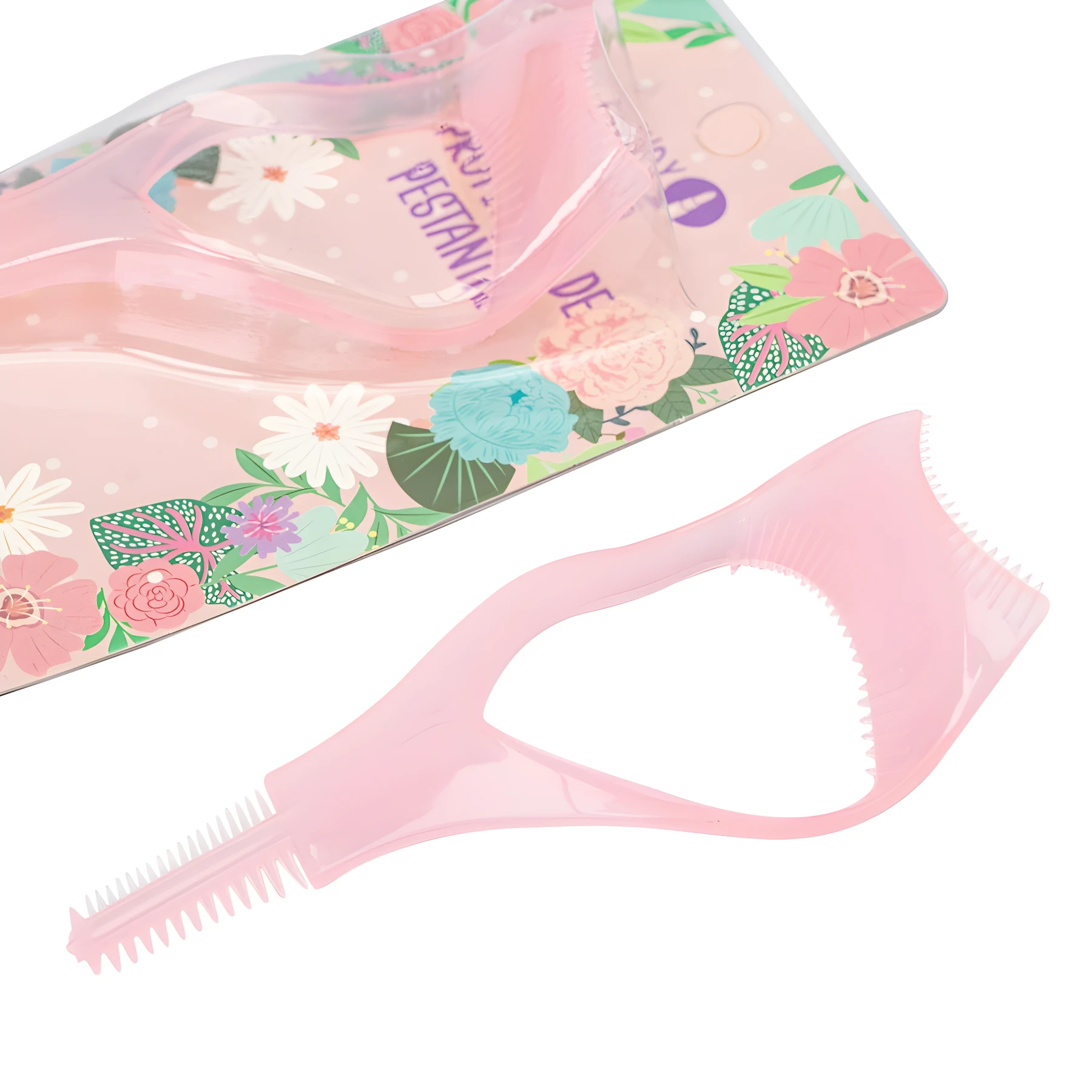 Set x2 cepillo facial rosa 5 en 1 con protector de pestañas en empaque floral.