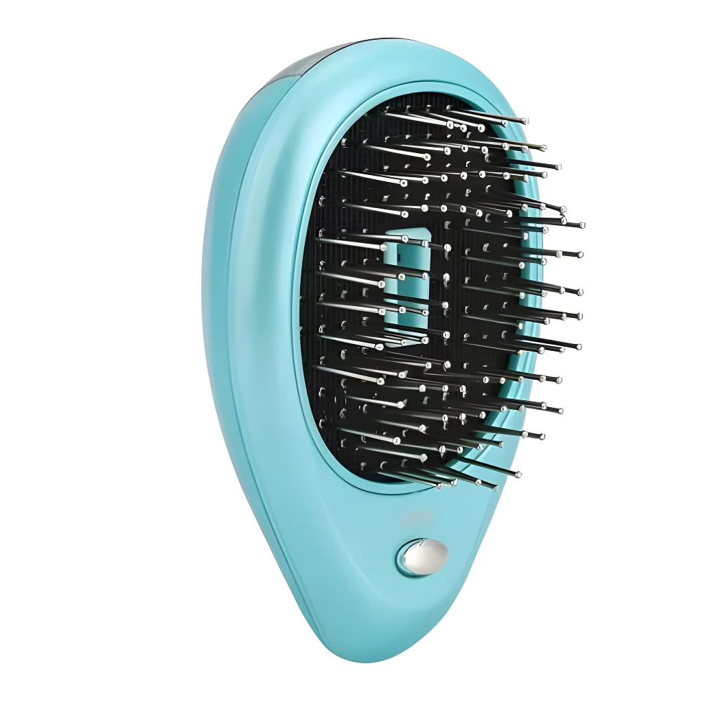 Cepillo iónico masajeador color turquesa, diseño ergonómico de gota con cerdas metálicas distribuidas uniformemente y botón de encendido en la base.