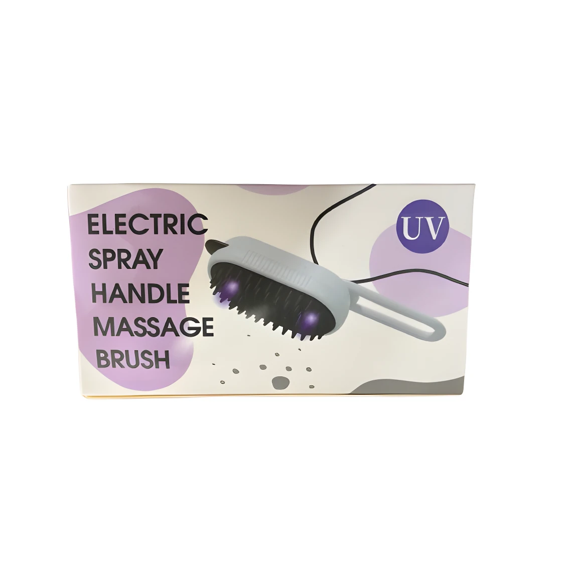 Cepillo eléctrico con mango, spray y luz UV para masaje de mascotas.