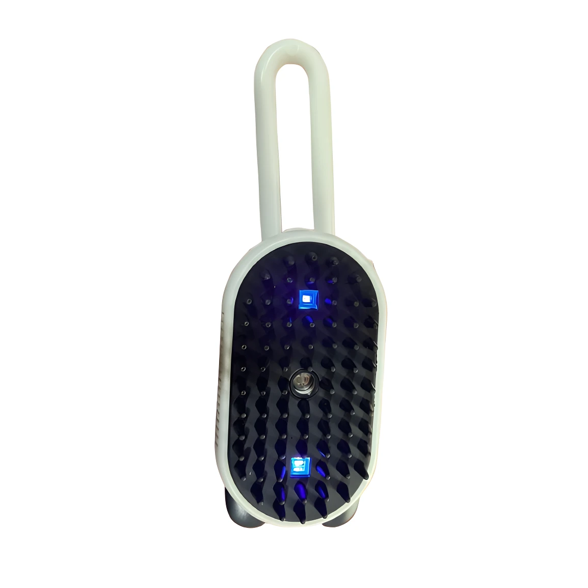 Cepillo para mascotas blanco con cerdas negras, mango curvo y dos luces LED azules.