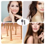 Set de cepillo desenredante morado y peine profesional para eliminar nudos y estimular la circulación capilar, rodeado por rostros y folículos capilares.