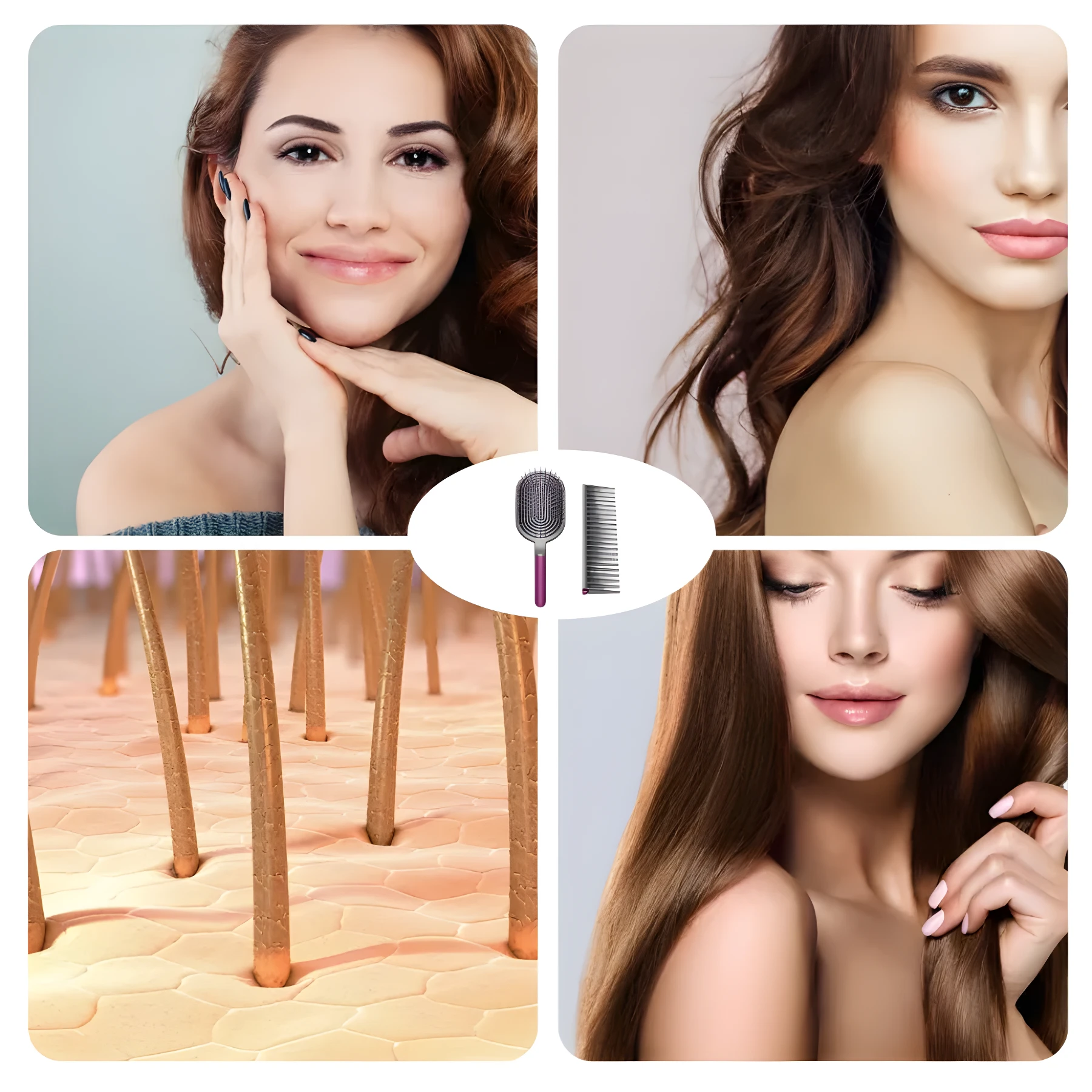 Set de cepillo desenredante morado y peine profesional para eliminar nudos y estimular la circulación capilar, rodeado por rostros y folículos capilares.