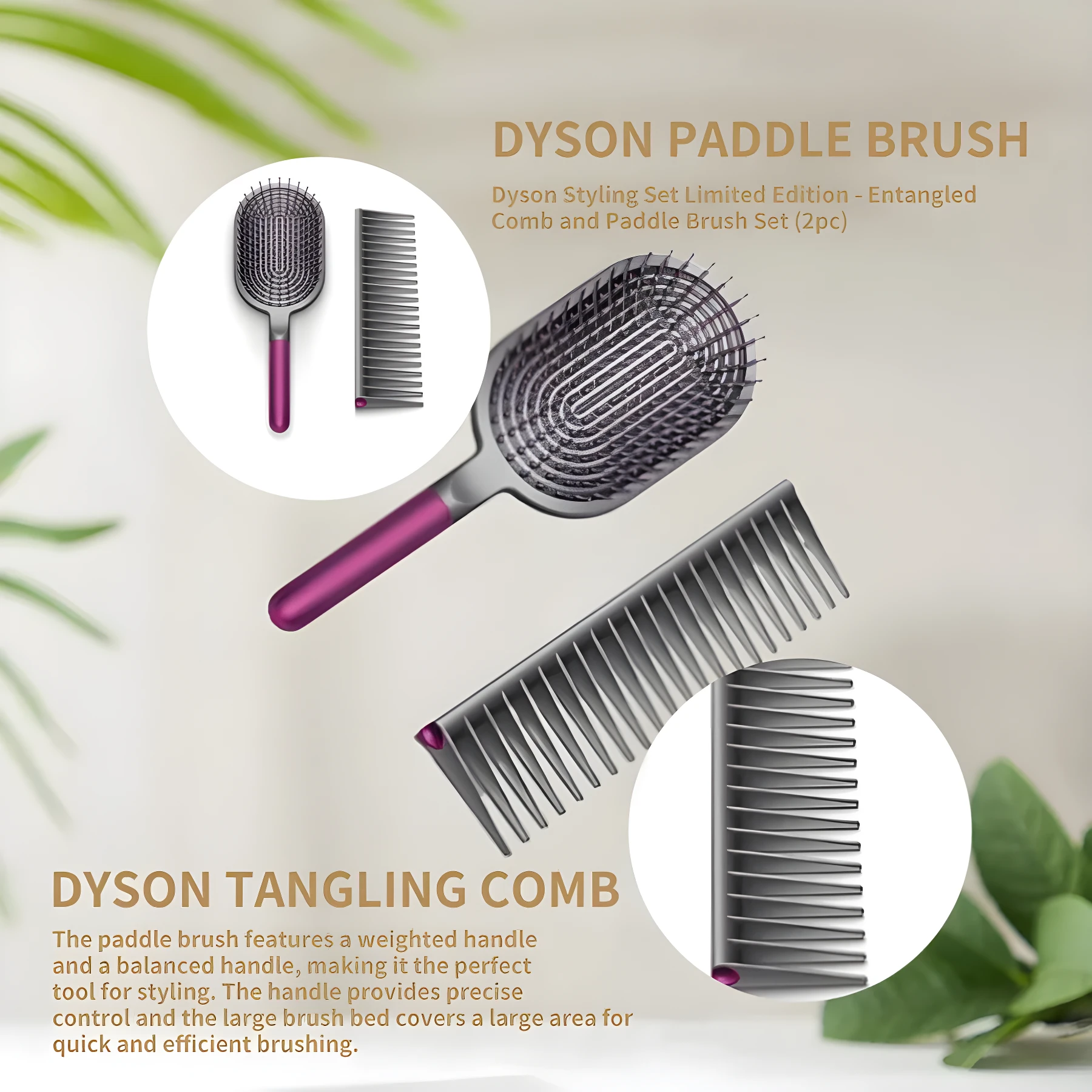 Set de dos piezas Dyson en gris y fucsia: cepillo de paleta con base amplia y peine desenredante de dientes anchos para estilizado profesional.