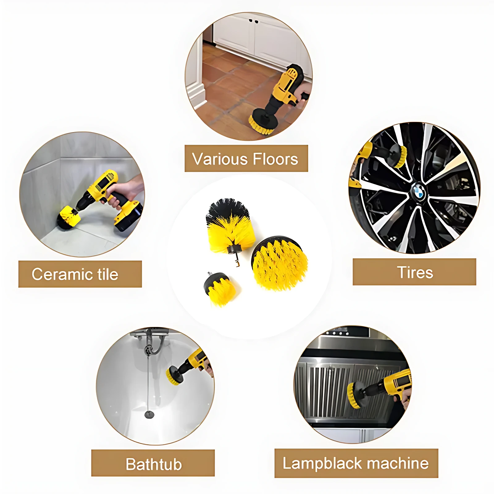 Cepillos eléctricos para taladro: limpieza en azulejos, pisos, llantas, bañeras y campanas extractoras.