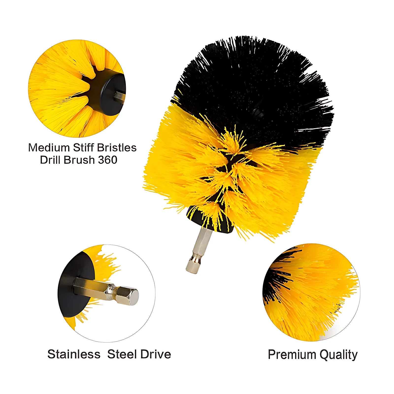 Cepillo para taladro con cerdas amarillas de dureza media y negro, unidad de acero inoxidable, ideal para limpieza de hogar y coche.