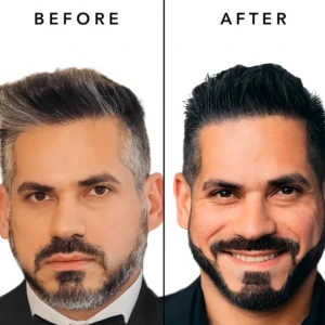 Comparativa de hombre con cera para cabello que camufla canas, mostrando fijación ligera, acabado brillante y cobertura natural de tono oscuro.