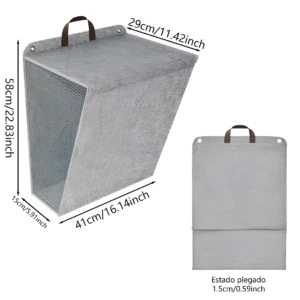 Cesto de ropa colgante gris plegable, 58cm alto, 29cm ancho. Estado plegado 1.5cm.