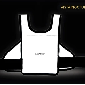 Chaleco arnés infantil reflectivo blanco con logo Lavef, para seguridad y estabilidad.