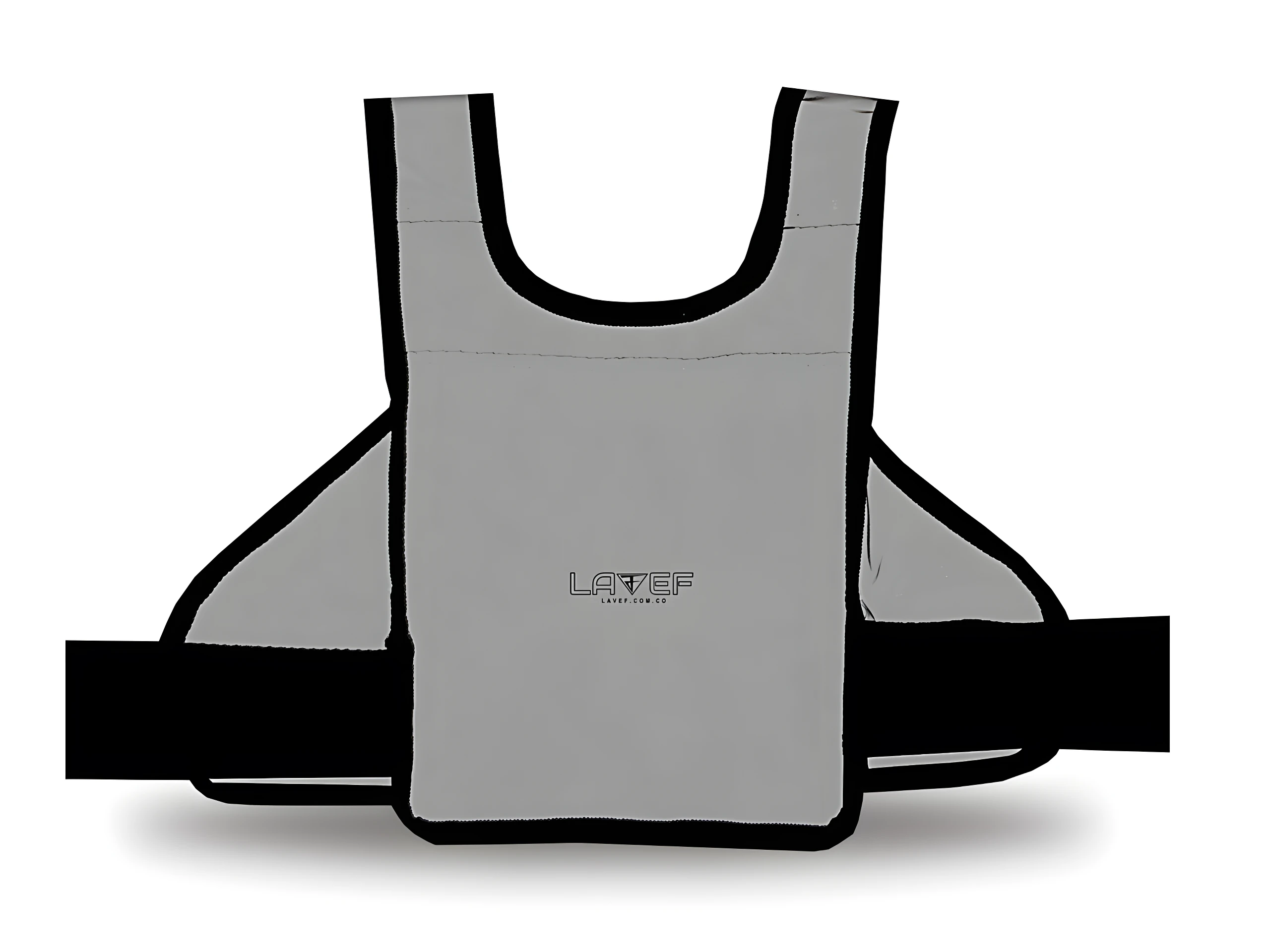 Chaleco arnés de seguridad infantil reflectivo plateado con logo Lavef, ideal para viajes.