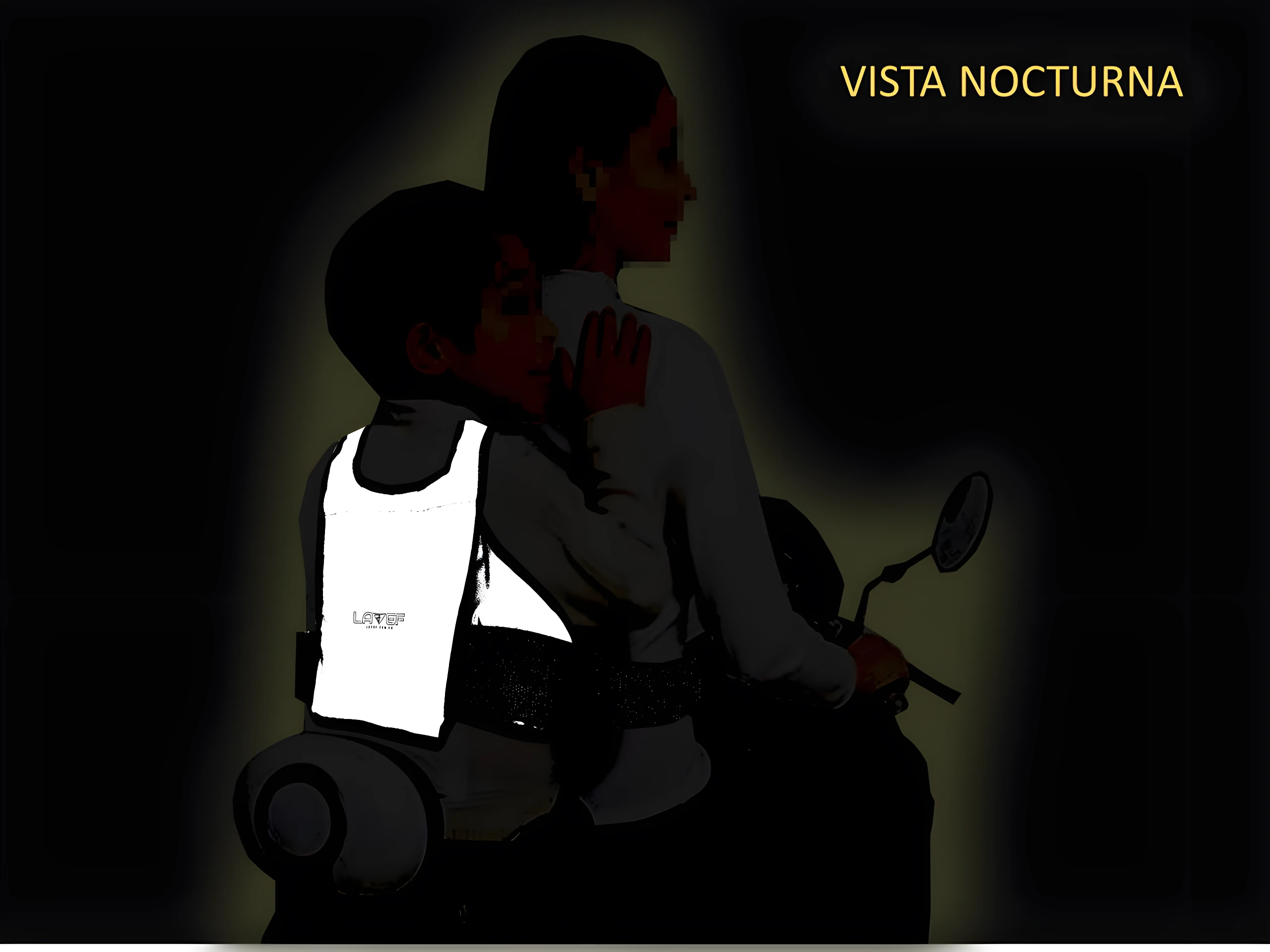 Chaleco arnés infantil reflectivo blanco para moto, con logo. Vista nocturna.