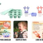 Chupones de fruta de silicona BPA Free, moldes para congelar y bebé sonriendo.