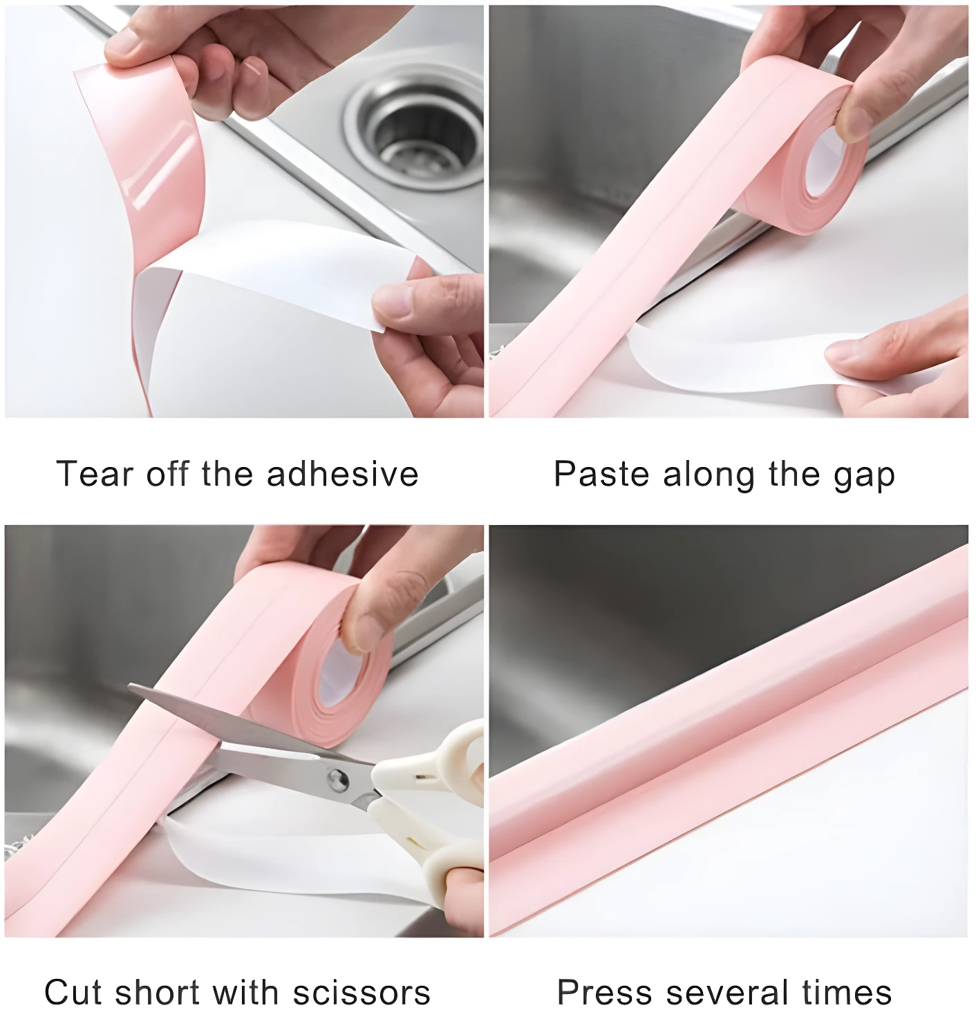 Cinta selladora adhesiva impermeable color rosa para baño, se instala fácilmente pelando el respaldo y pegando al borde.