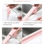 Cinta selladora adhesiva impermeable rosa para baño y cocina, instrucciones de instalación en 4 pasos.