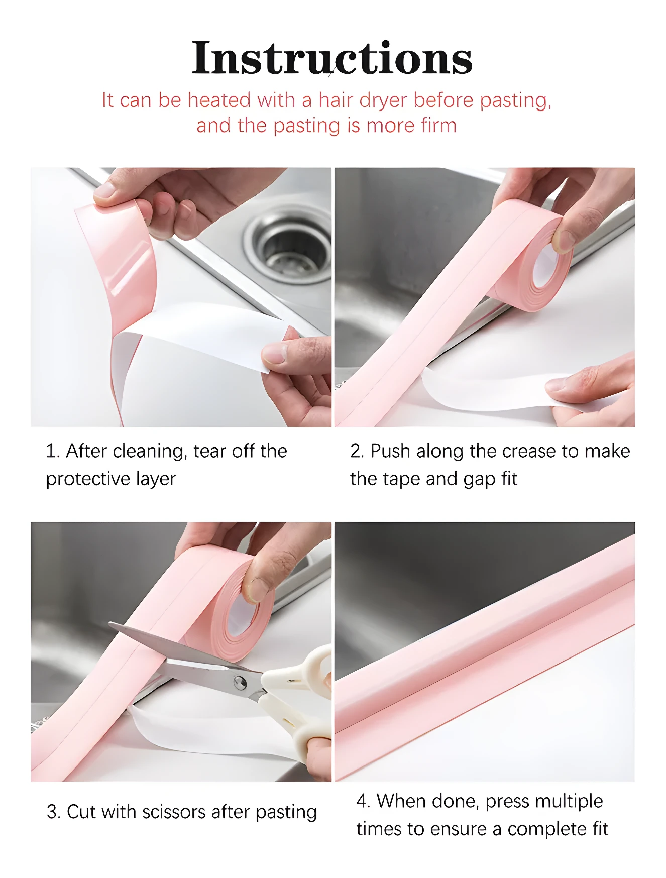 Cinta selladora adhesiva impermeable rosa para baño y cocina, instrucciones de instalación en 4 pasos.