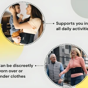 Cinturón estabilizador unisex negro. Dos mujeres y un hombre usándolo en diferentes actividades diarias.