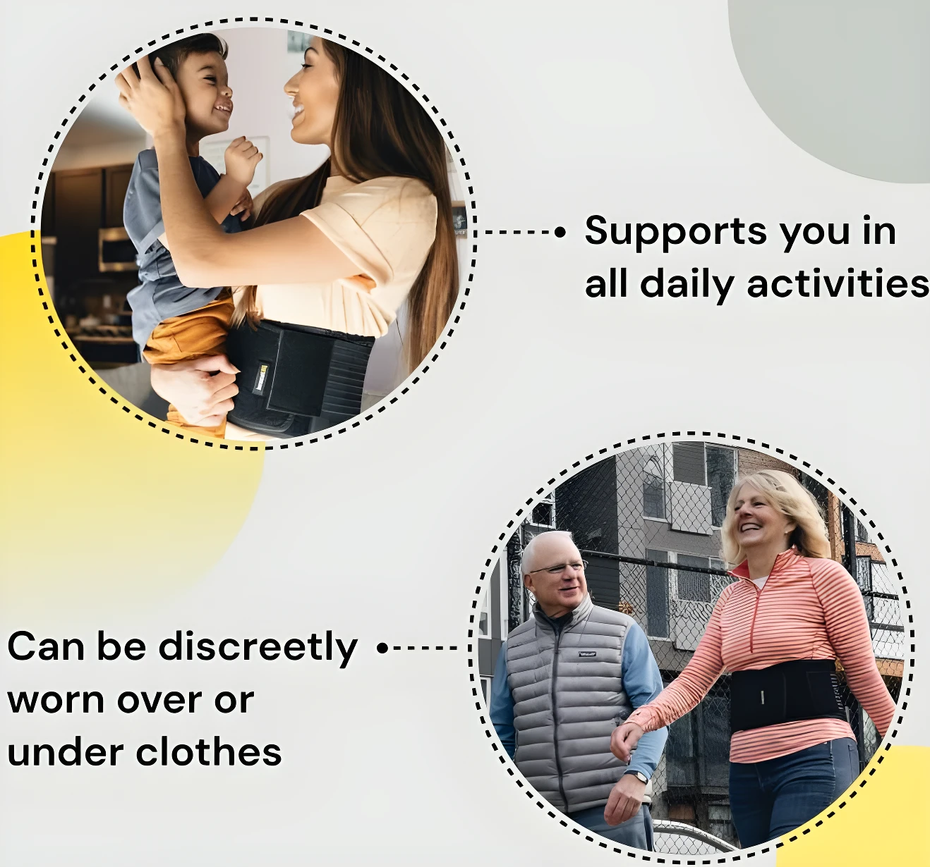 Cinturón estabilizador unisex negro. Dos mujeres y un hombre usándolo en diferentes actividades diarias.