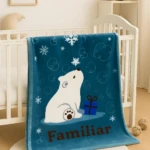 Cobija de bebé azul con estampado de oso polar, regalo y copos de nieve.