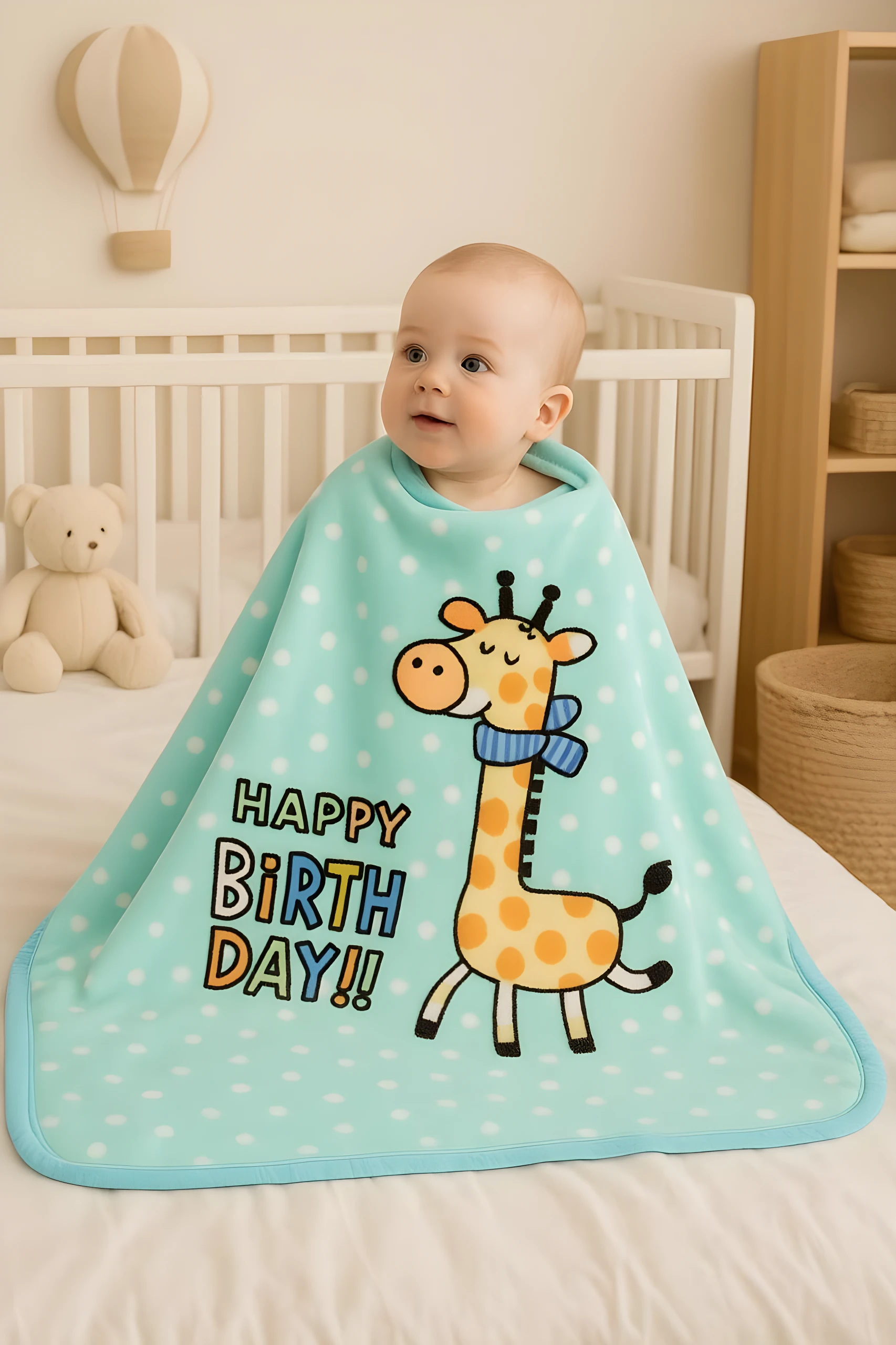 Cobija de bebé menta con lunares blancos y jirafa feliz, dice "Happy Birthday".