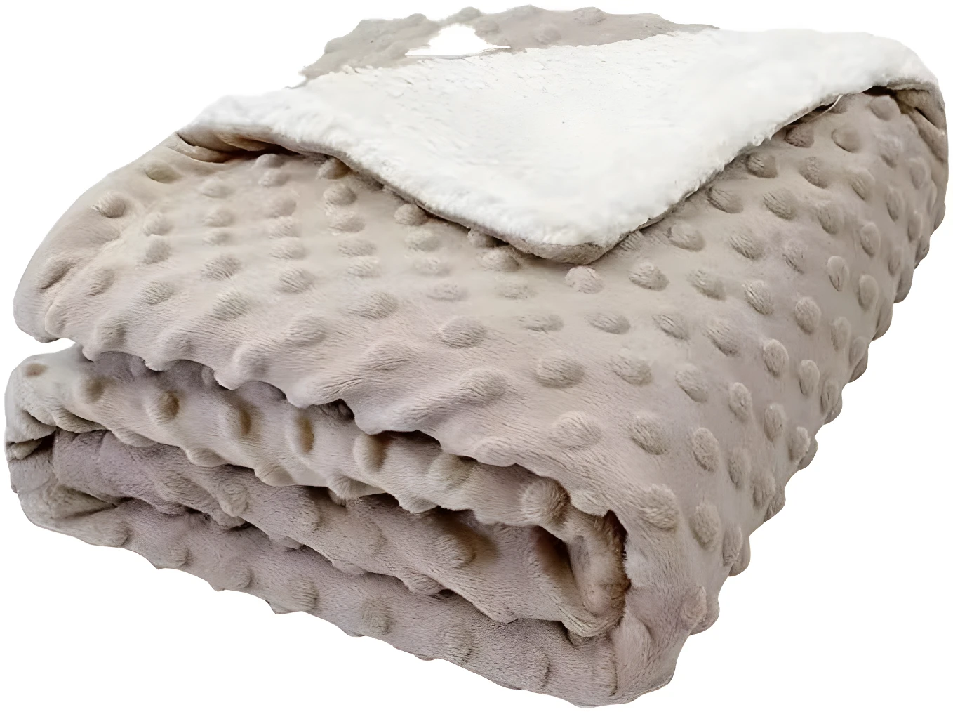 Cobija térmica suave color beige con textura de puntos y borde de almohada blanca.