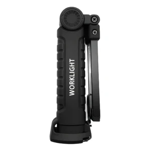 Linterna de trabajo recargable negra, con clip, led y texto "WORKLIGHT" en el mango.