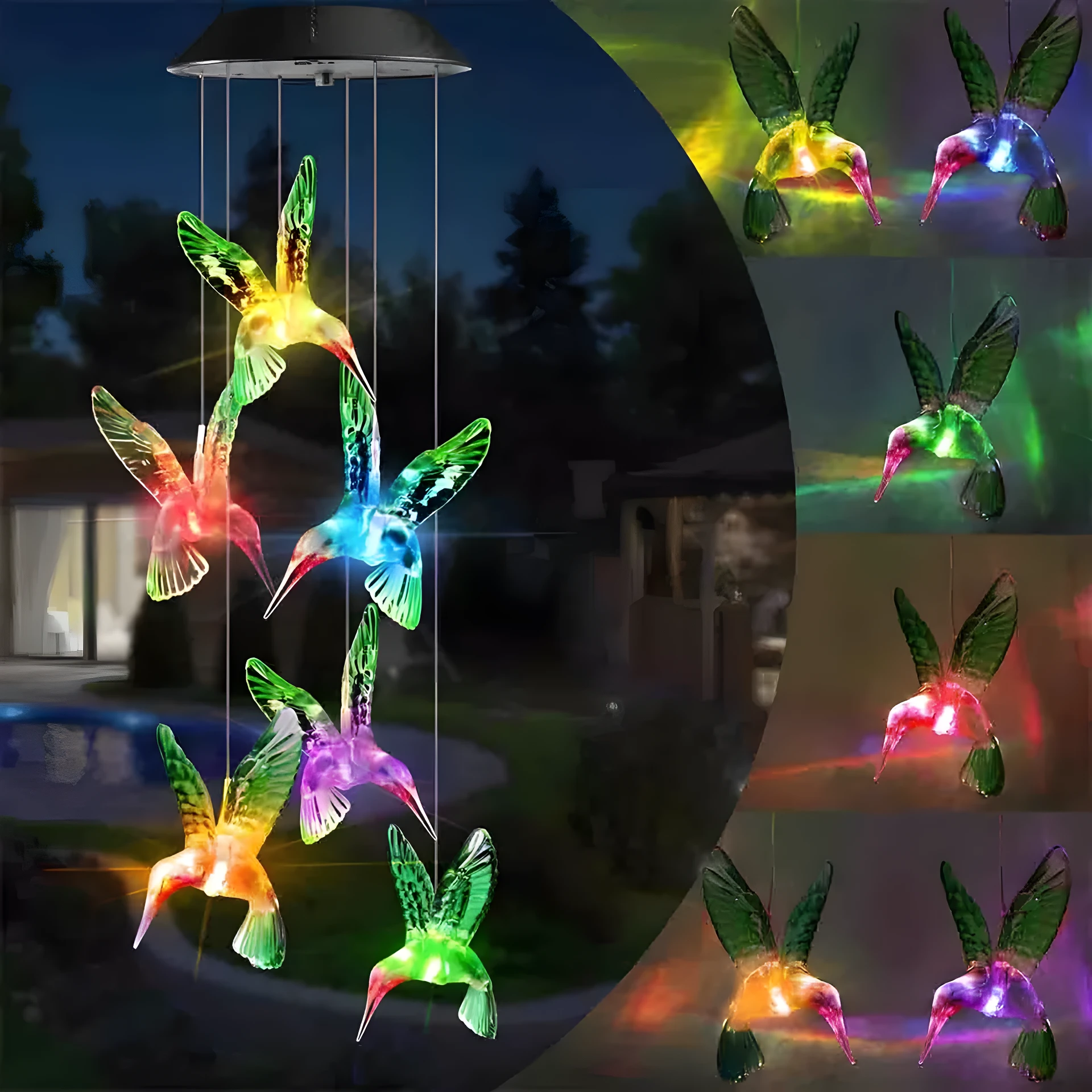 Colgantes solares LED con forma de colibrí multicolor, crean ambientes mágicos en jardines.