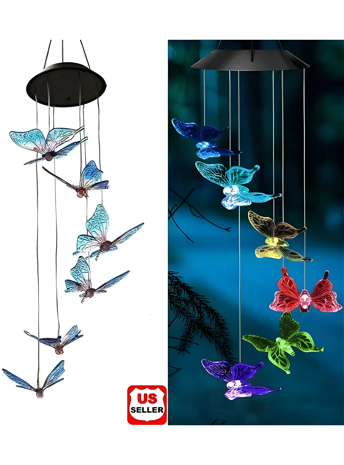 Colgantes solares LED mariposa multicolor para decorar jardín de noche, crean ambientes mágicos.