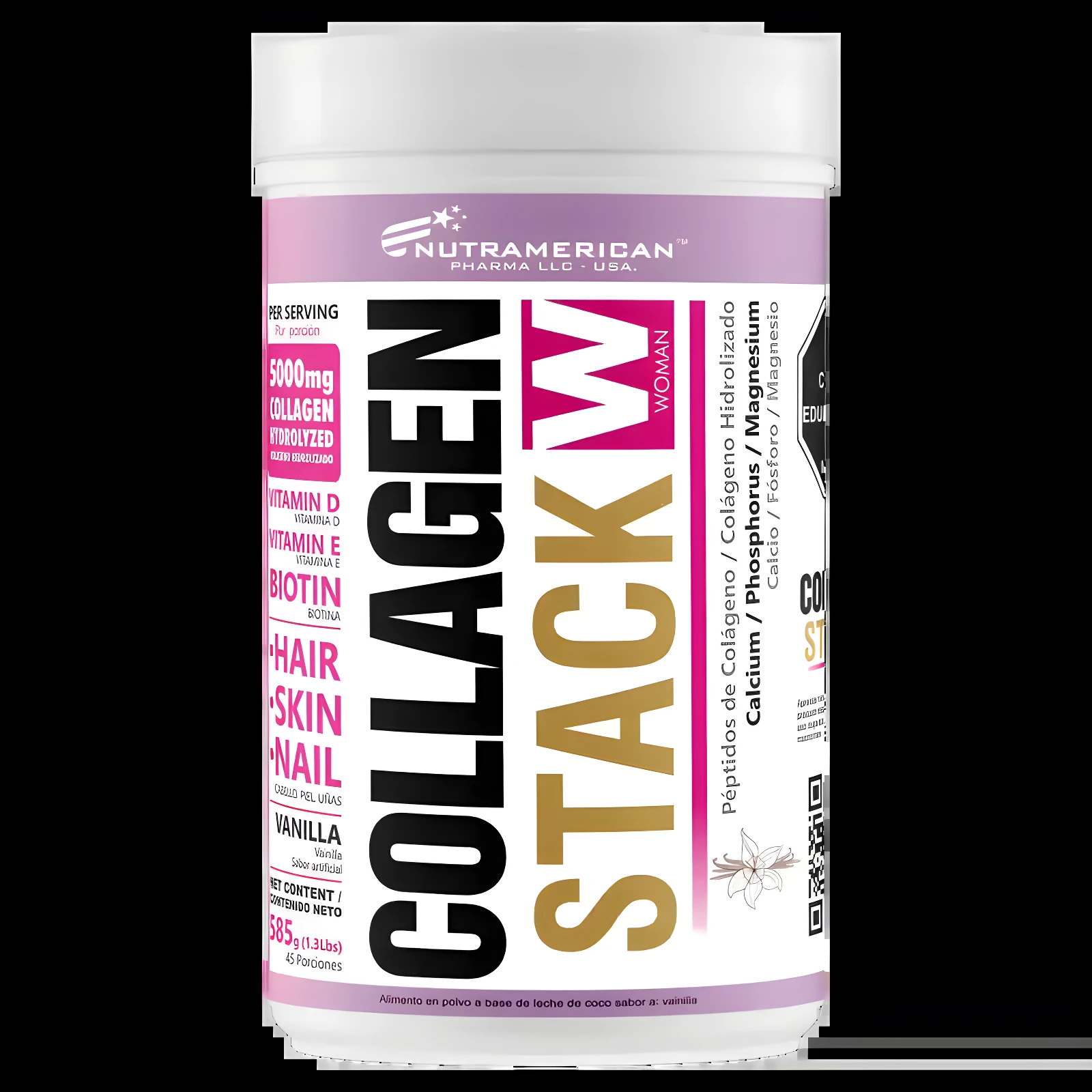 Bote blanco Collagen Stack Woman 585g con colágeno hidrolizado, vitaminas D y E, biotina, y minerales.