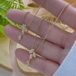 Set x2 collar cadena para mujer, oro 18k, con colgante de hojas y circonita.