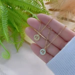 Set de 2 collares dorados con colgante redondo y la palabra "FE", uno más arriba que el otro, sobre mano con plantas de fondo.