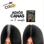 Shampoo Mi Color para canas, con antes y después, y paquete del producto en primer plano.