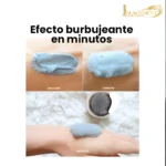 Aplicación y efecto burbujeante de mascarilla facial gris en piel y mano a los 3 y 15 minutos.