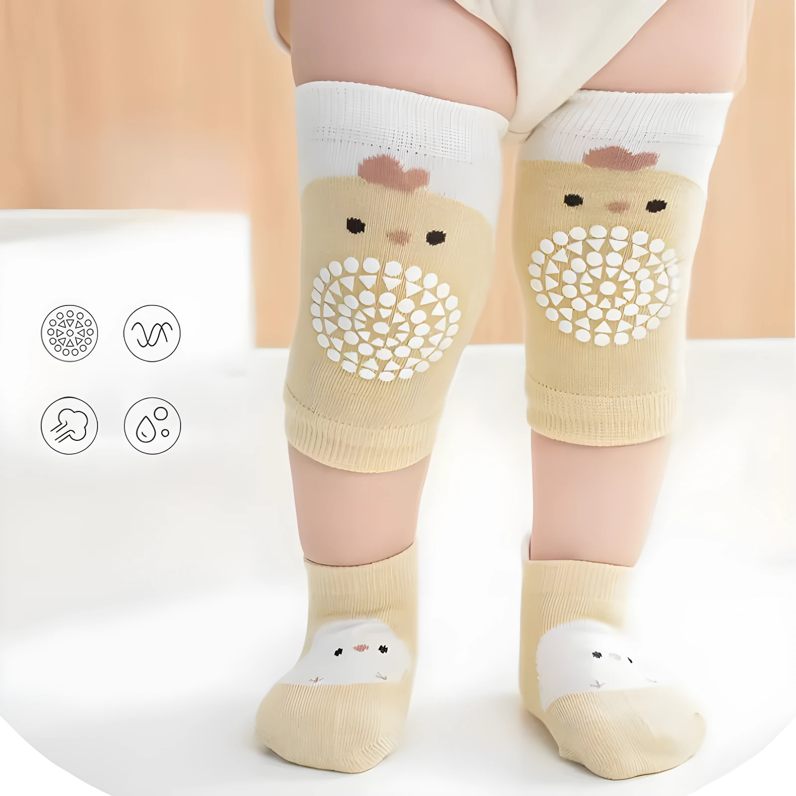 Medias y rodilleras antideslizantes para bebé con diseño de pollito.