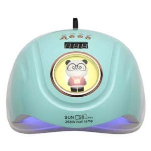 Lámpara para uñas SUN S8 PRO de 268W en color verde menta, con pantalla digital, botones de control y un diseño central de panda con luz.
