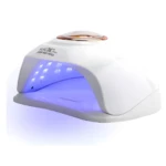 Lámpara UV LED blanca modelo SUN S8 Pro para secado de uñas, con diseño ergonómico, luz interior azul brillante y detalle superior en tono bronce.
