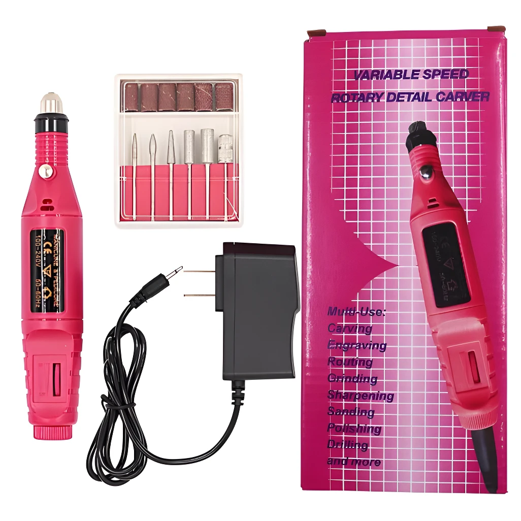 Combo para manicure rosado: torno eléctrico, caja con 6 puntas y 6 bandas de lija, cargador de pared y caja de empaque con lista de usos del dispositivo.
