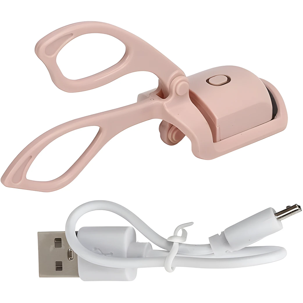Rizador de pestañas rosado recargable con cable USB blanco.