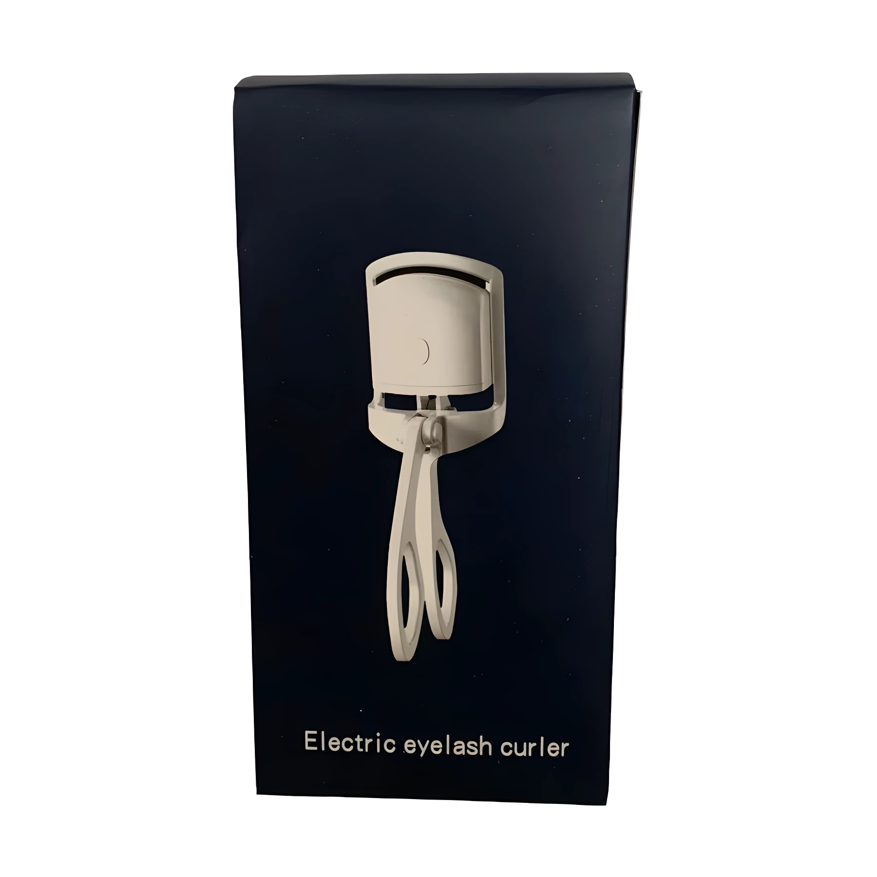 Rizador de pestañas eléctrico blanco en su empaque negro, texto "Electric eyelash curler".