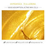Textura dorada brillante de producto cosmético, con texto "Hyperoxia - Fullerene", "Good adsorption, active skin cells", y "Care for skin, regulate skin, replenish water".