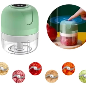 Picador de alimentos eléctrico verde para cocina, con cuchillas y alimentos triturados.