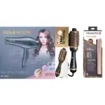 Combo trío Remington Keratin Protect: secador de pelo, cepillo alisador con cuerpo dorado y plancha alisadora en caja, ideal para cuidado capilar.