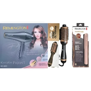 Combo trío Remington Keratin Protect: secador de pelo, cepillo alisador con cuerpo dorado y plancha alisadora en caja, ideal para cuidado capilar.