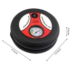 Compresor de aire portátil circular, 260 PSI DC 12V, con manómetro, negro y rojo, mide 17.5cm x 6.5cm.