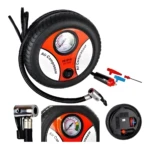 Compresor de aire portátil con manómetro de 200 PSI, manguera, boquillas y adaptadores, color negro y naranja.