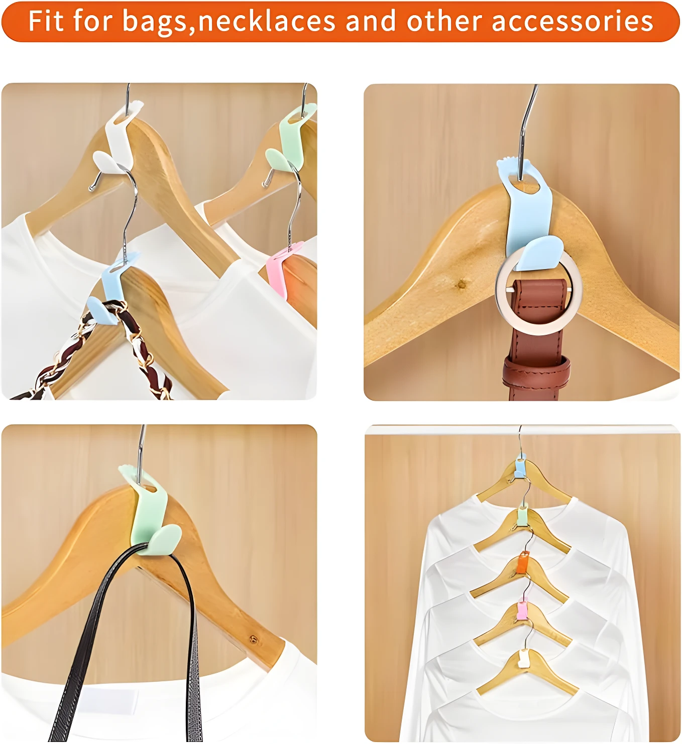 Conectores para colgar bolsos, collares y ropa en perchas, en colores surtidos.