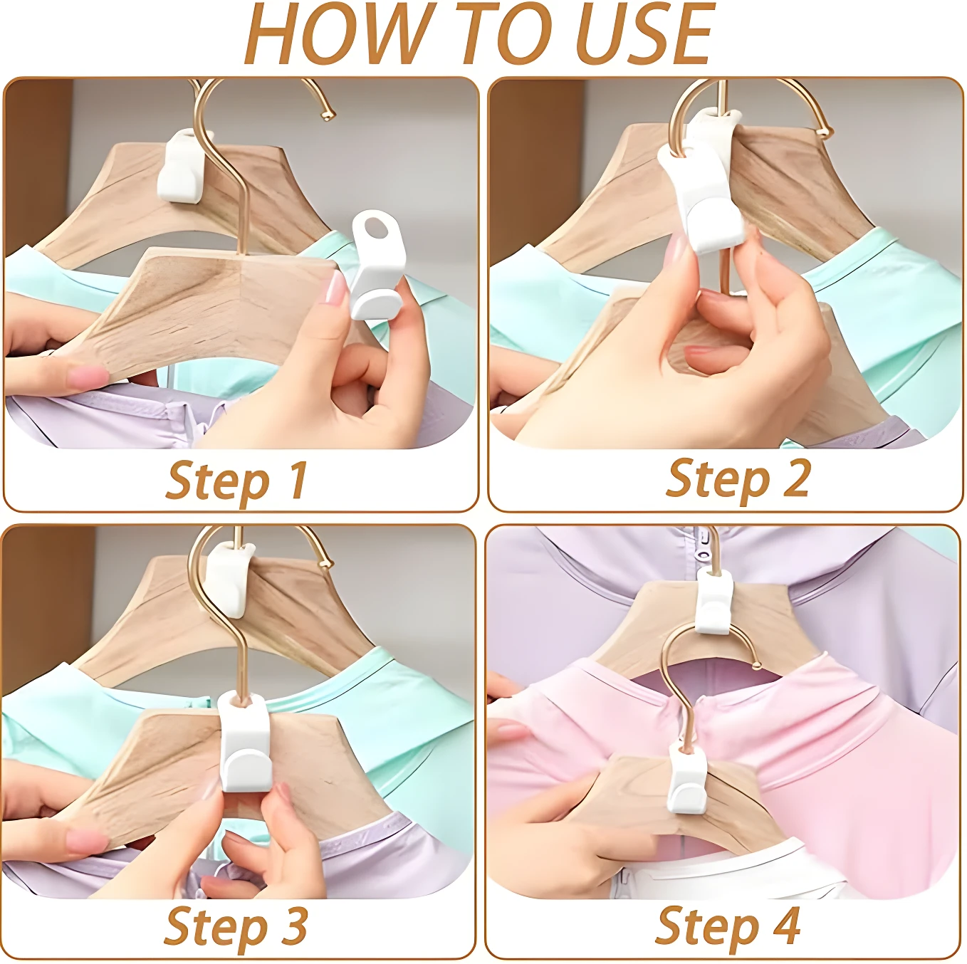 Set x2 conectores de gancho blancos para colgar ropa, mostrando cómo se unen para optimizar espacio en clóset.