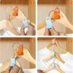 Conectores para colgar ropa, color naranja, azul, verde y rosa, en uso múltiple, vista de cerca.