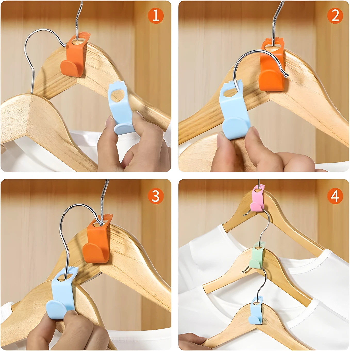 Conectores para colgar ropa, color naranja, azul, verde y rosa, en uso múltiple, vista de cerca.